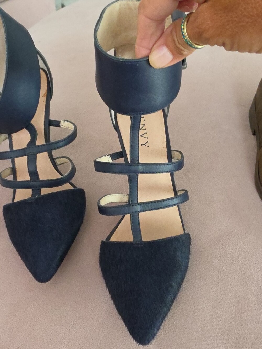 Renvy Navy Hair And Leather Strappy Pointed-Toe Heels